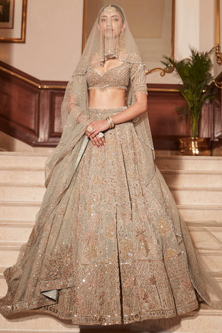 Lehenga Set Royal Wear - Green Lotus Pond Jade Lehenga Set by Matsya