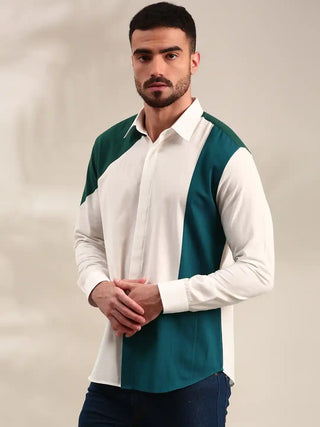 White, green & blue panelled cotton shirt
