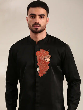 Black slub silk embroidered shirt