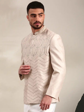 Cream slub silk embroidered bandhgala
