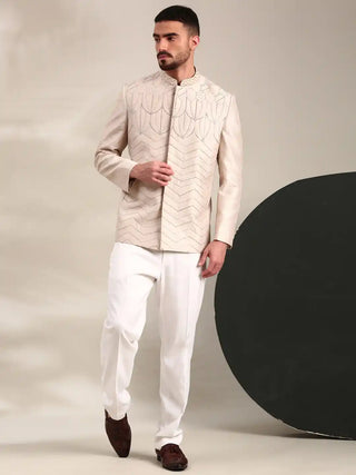 Cream slub silk embroidered bandhgala