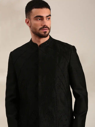Black slub silk embroidered bandhgala