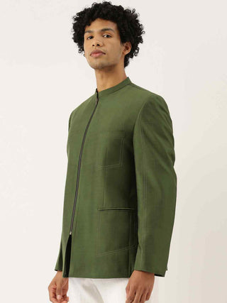 Green cotton silk zipper jacket