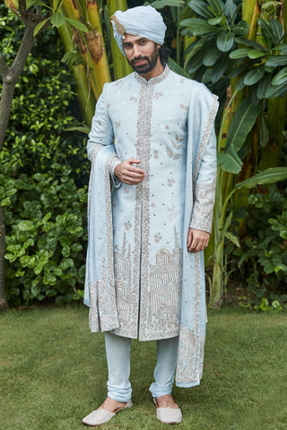 Sherwani Set Groom Wear - Blue Landscape Sherwani by Matsya