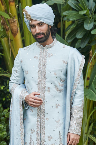 Sherwani Set Groom Wear - Blue Landscape Sherwani by Matsya
