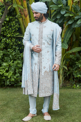 Sherwani Set Groom Wear - Blue Landscape Sherwani by Matsya