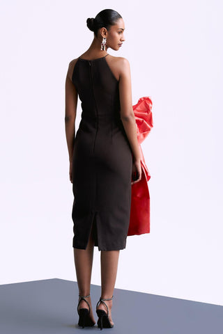 Brown fitted draped reim dress with bow detail