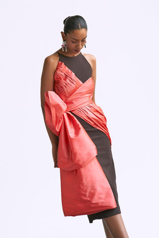 Brown fitted draped reim dress with bow detail