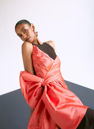 Brown fitted draped reim dress with bow detail