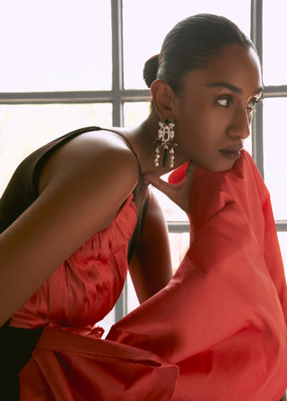 Brown fitted draped reim dress with bow detail