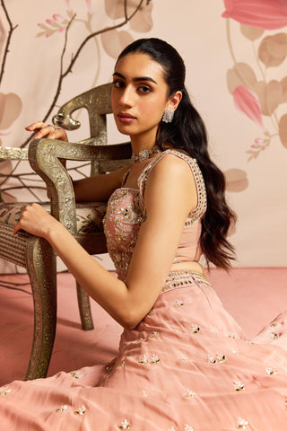 Pink camellia under bloom lehenga set