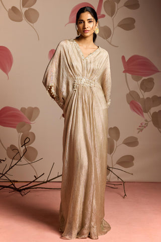 Gold hydrangea under bloom draped kaftan