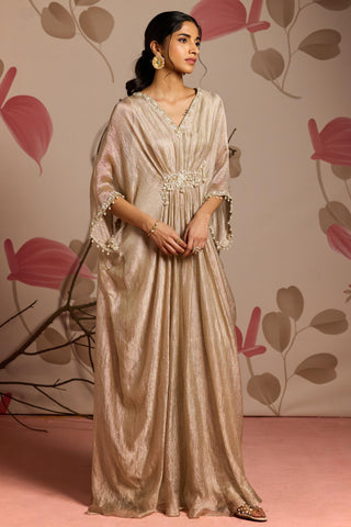 Gold hydrangea under bloom draped kaftan