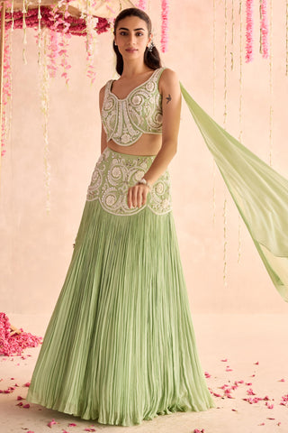 Green jasmine under bloom lehenga set