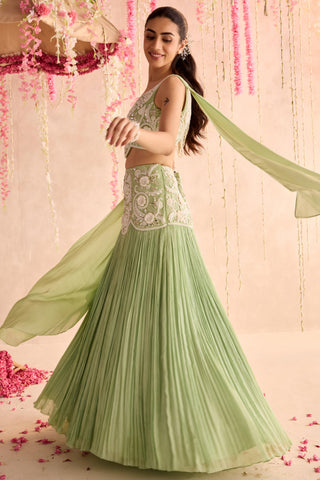 Green jasmine under bloom lehenga set