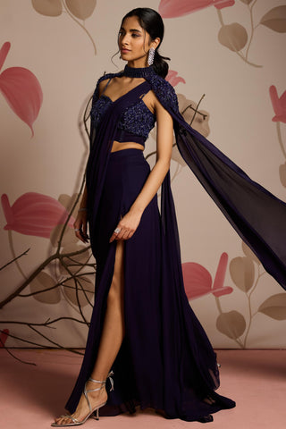 Blue lavender under bloom concept saree with cape