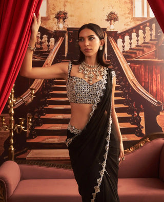 Shantipriya black embellished choli and pre-draped saree