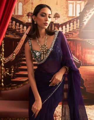 Desi girl purple choli, organza saree and petticoat
