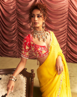Usha yellow embellished choli, organza saree and petticoat