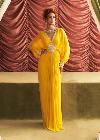 Kavita yellow embellished draped full length dress