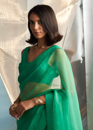 Lush green saree and sleeveless blouse