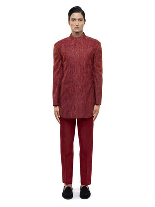 Red Metallic Embroidered Sherwani Set