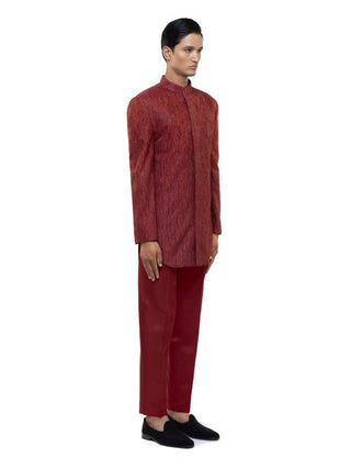Red Metallic Embroidered Sherwani Set