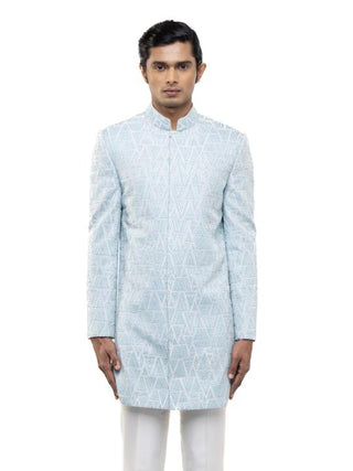 Light Blue Geometric Embroidered Sherwani Set