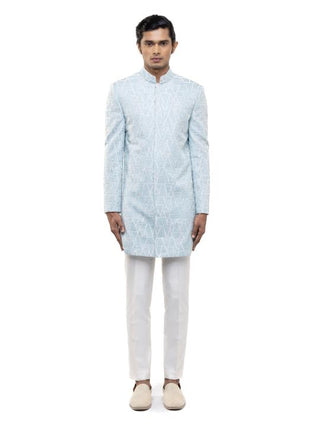 Light Blue Geometric Embroidered Sherwani Set