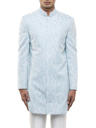 Light Blue Geometric Embroidered Sherwani Set