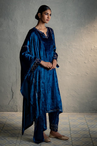 Velvet Kurta Set for Indian Wedding - Blue Phiran Style Maaya Kurta Set by Charkhee