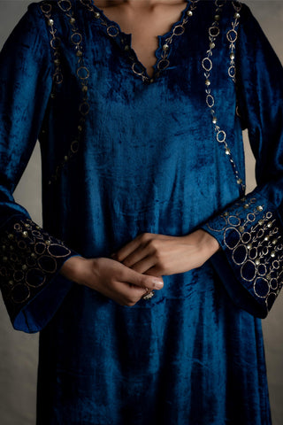 Velvet Kurta Set for Indian Wedding - Blue Phiran Style Maaya Kurta Set by Charkhee