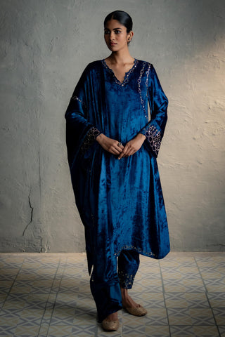 Velvet Kurta Set for Indian Wedding - Blue Phiran Style Maaya Kurta Set by Charkhee