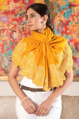 Stole Indian Wedding - Yellow Magnificent Blooms Wool Silk by Mauli
