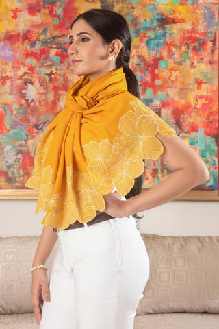 Stole Indian Wedding - Yellow Magnificent Blooms Wool Silk by Mauli