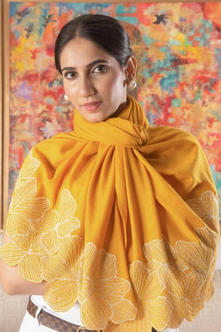 Stole Indian Wedding - Yellow Magnificent Blooms Wool Silk by Mauli