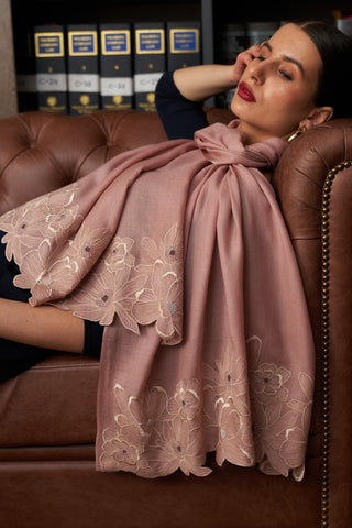 Stole Indian Wedding - Pink Magnolia Bloom Wool Silk by Mauli