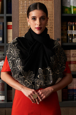 Stole Indian Wedding - Black Magnolia Bloom Wool Silk by Mauli