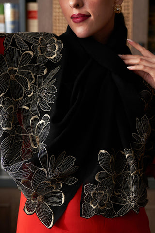 Stole Indian Wedding - Black Magnolia Bloom Wool Silk by Mauli