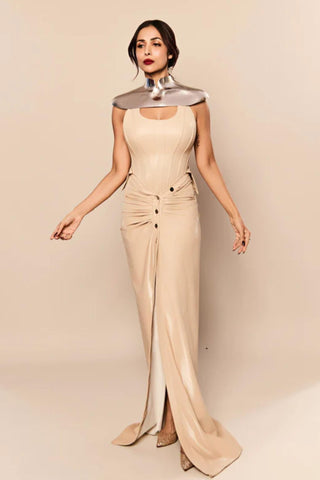 Low Waisted Skirt Edgy Wear - Beige Vinyl Skirt by Essé