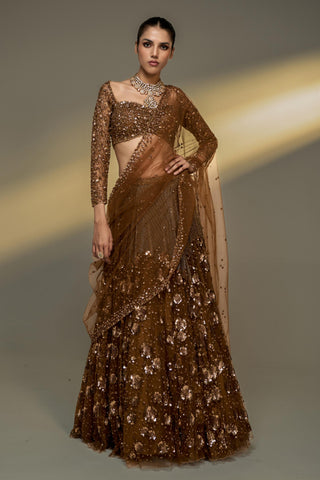 Lehenga Set For Indian Wedding - Brown Midas Touch Lehenga Set by Prevasu