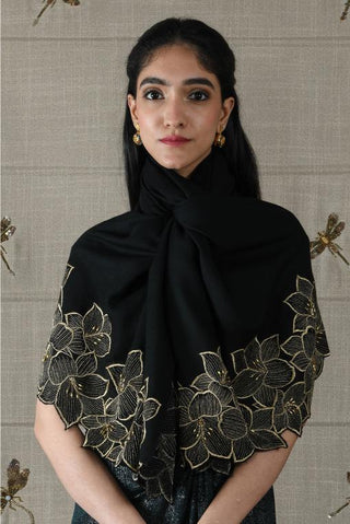 Stole Indian Wedding - Black Midnight Bloom Wool Silk by Mauli