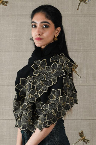 Stole Indian Wedding - Black Midnight Bloom Wool Silk by Mauli