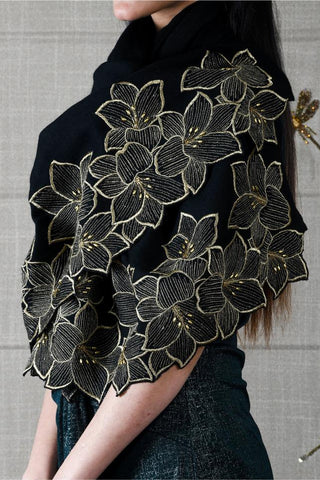 Stole Indian Wedding - Black Midnight Bloom Wool Silk by Mauli