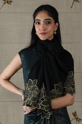 Stole Indian Wedding - Black Midnight Bloom Wool Silk by Mauli