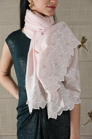 Stole Indian Wedding Wear - Ivory Midnight Bloom Wool Silk by Mauli