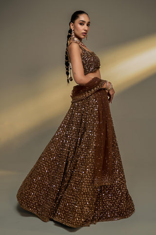 Lehenga Set For Indian Wedding - Brown Afreen Net Lehenga Set by Prevasu