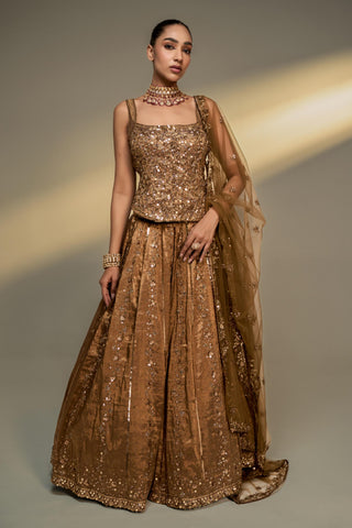 Lehenga Set For Indian Wedding - Brown Mocha Corset Lehenga Set by Prevasu