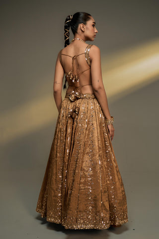 Lehenga Set For Indian Wedding - Brown Mocha Corset Lehenga Set by Prevasu
