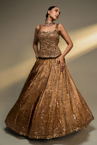 Lehenga Set For Indian Wedding - Brown Mocha Corset Lehenga Set by Prevasu